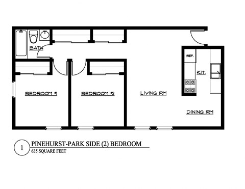 Floor plan for 2 beds, 1 bath, 740 sqft